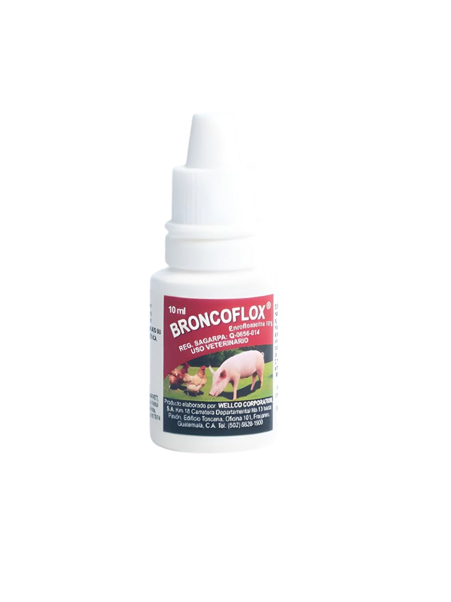 BRONCOFLOX Antibiótico para aves y porcinos. GOTAS Y SOLUCIÓN
